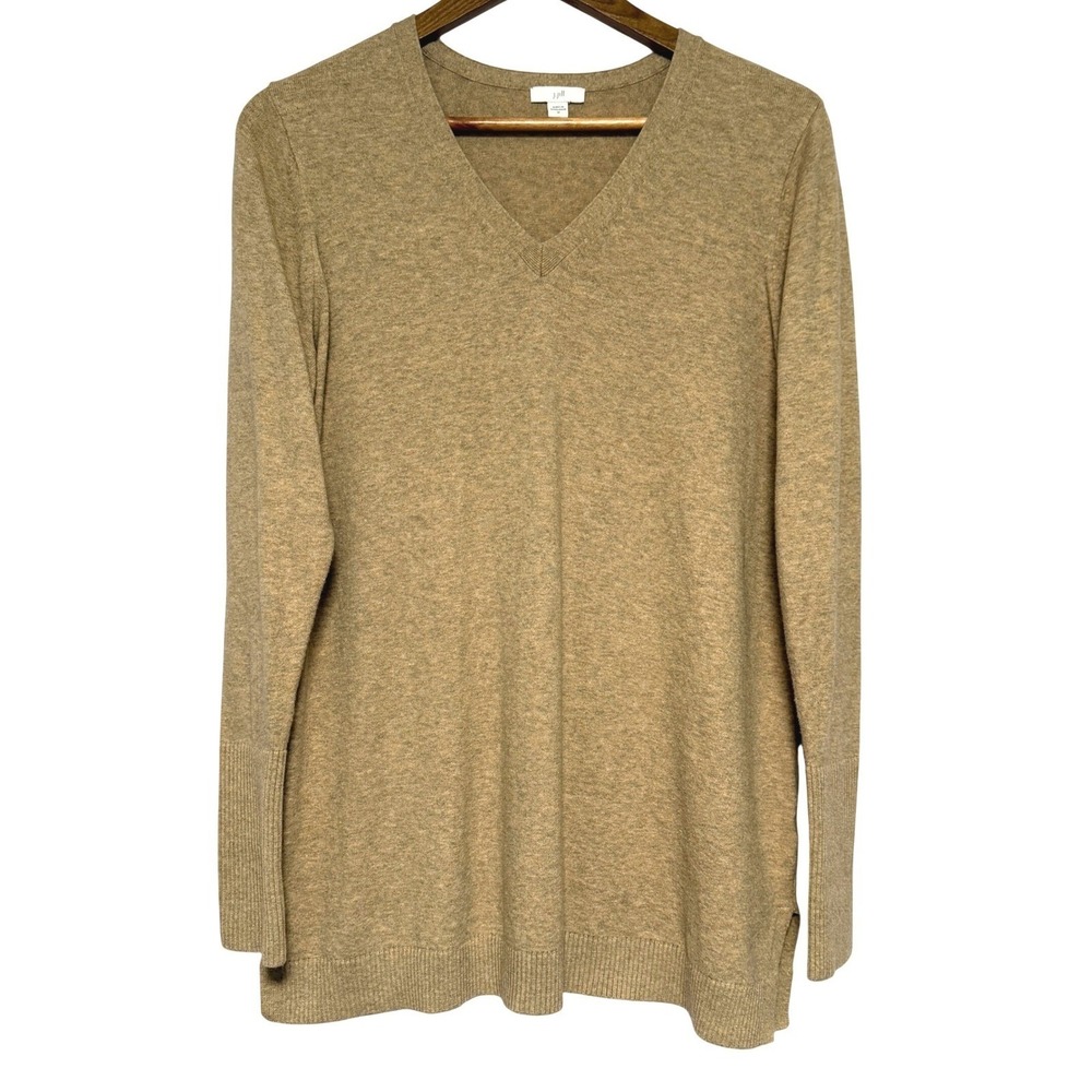J Jill Sweater Womens M‎ Tunic Length Carmel Brown Heather V-Neck Cotton Blend